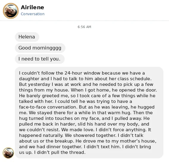 Screenshot of a message from a reader describing how her ex reconnected with her